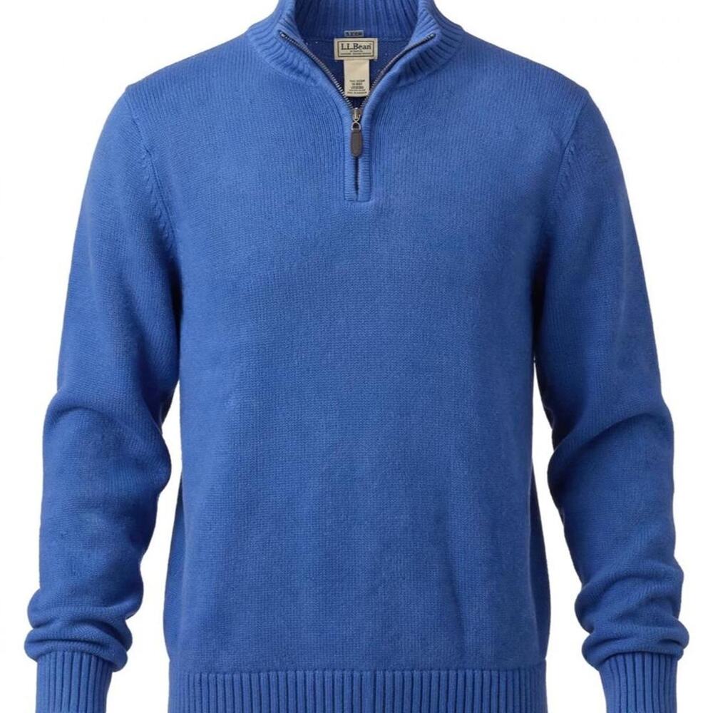 L.L.Bean Sweater Mens M Blue 100% Cotton Quarter Zip Pullover Mock Neck